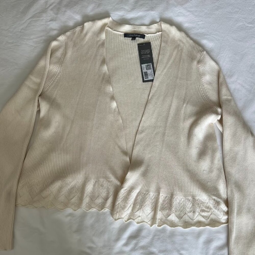 DAISY FUENTES Wite Beige Sweater Cardagan OPEN FRONT Women Sweater Size L New